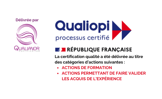 Qualiopi, processus certifié, République Française. La certification qualité a été délivrée au titre de la ou des catégories d'actions suivantes : actions de formation, actions permettant de faire valider les acquis de l'expérience.